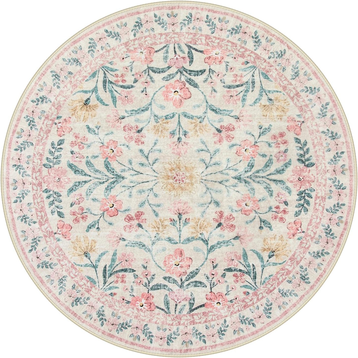 Lahome Sylvie Boho Light Pink Round Rug 4ft, Washable Small Circle Rugs for Bedroom Kids, Pink and Green Nursery Circular Carpet Girl Decor, Soft Non-Slip Round Carpet for Sunroom, Blush
