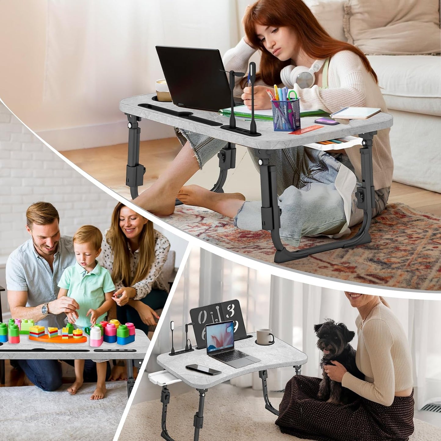 Lap Desk for Bed Adjustable Height, Foldable Bed Table with Storage Drawer, Tablet Slot & Cup Holder, Portable Laptop Stand for Bed & Sofa, Bed Desk for Adults & Kids, Light Stone Color