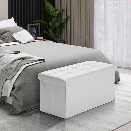 COSYLAND Ottoman Bench with Storage - 30x15x15in Folding Leather Ottoman, Rectangle Foot Stool Foldable Storage Chest Footrest Footstool Collapsible with Lid for Bedroom Living Room White