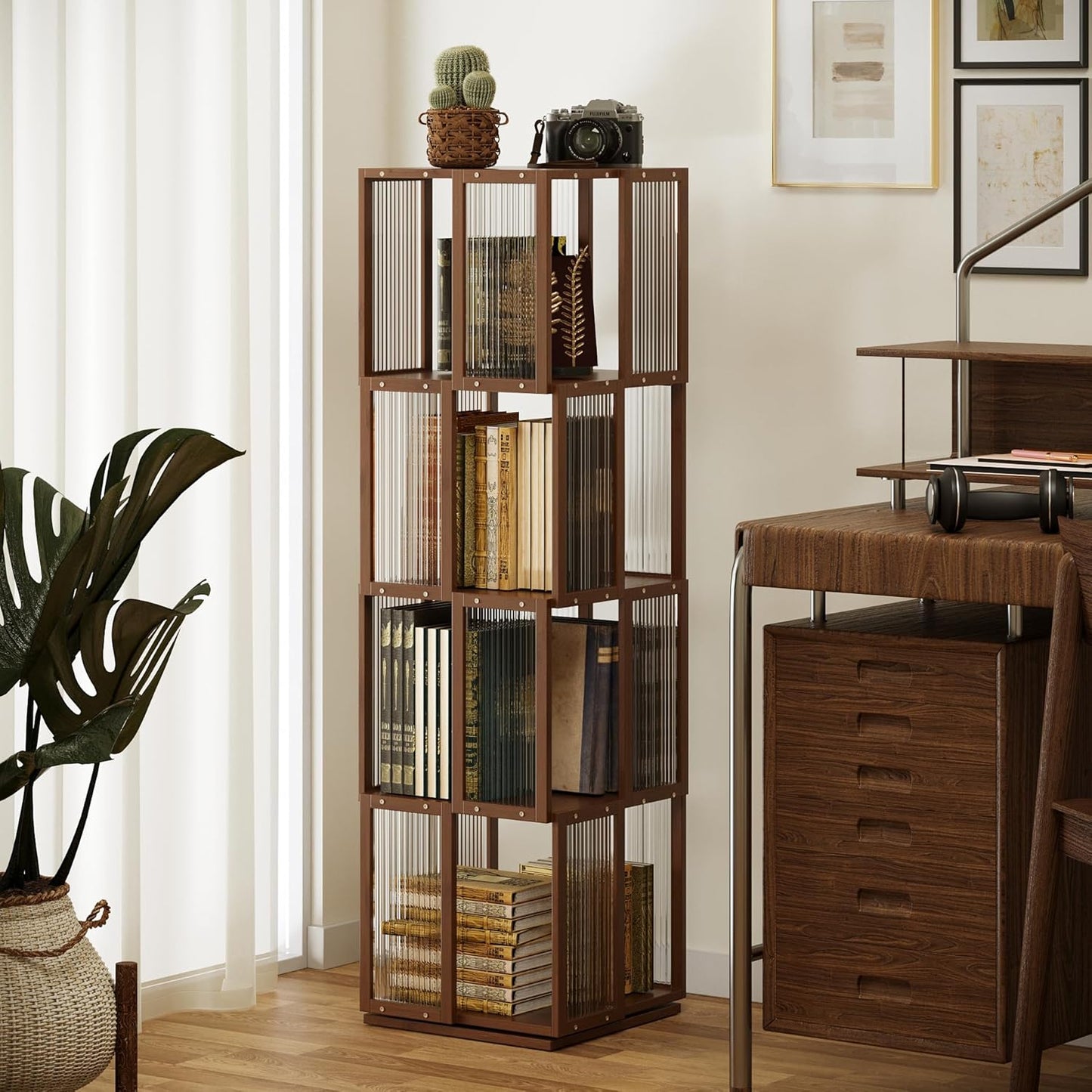 BAMEOS Rotating Bookshelf Tower 4 Tier, 360 Spinning Bookcase with Solid Wood Frame & Bamboo Finish, 4-Component Easy Assembly Corner Book Shelf for Small Spaces, Office, Bedroom, Living Room