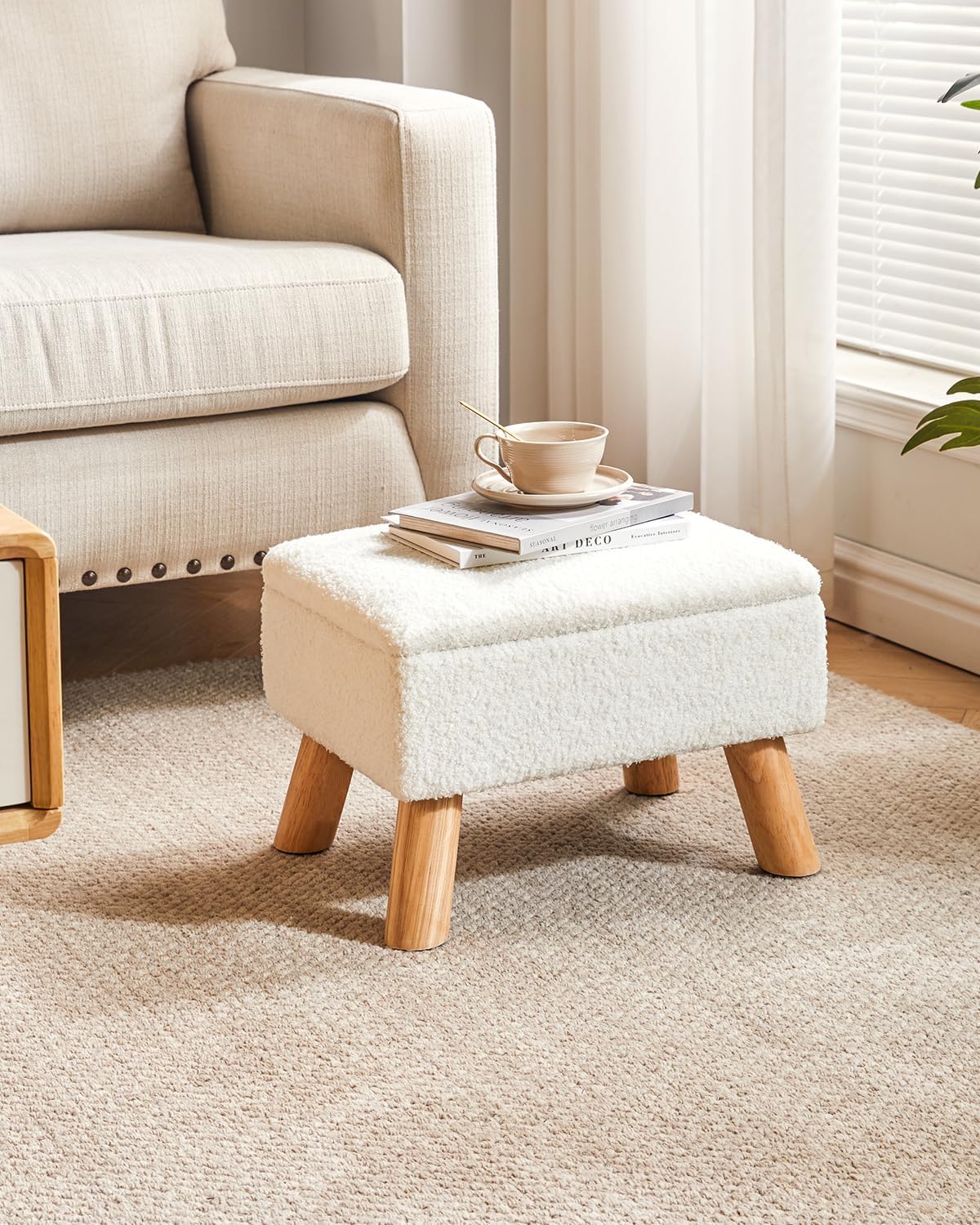YMYNY Storage Ottoman, Small Foot Stool Ottoman with Storage, Foot Rest with Padded Seat, Teddy Velvet, Sturdy Wood Legs Stool for Living Room Bedroom Couch Enterway, White UHBD042W