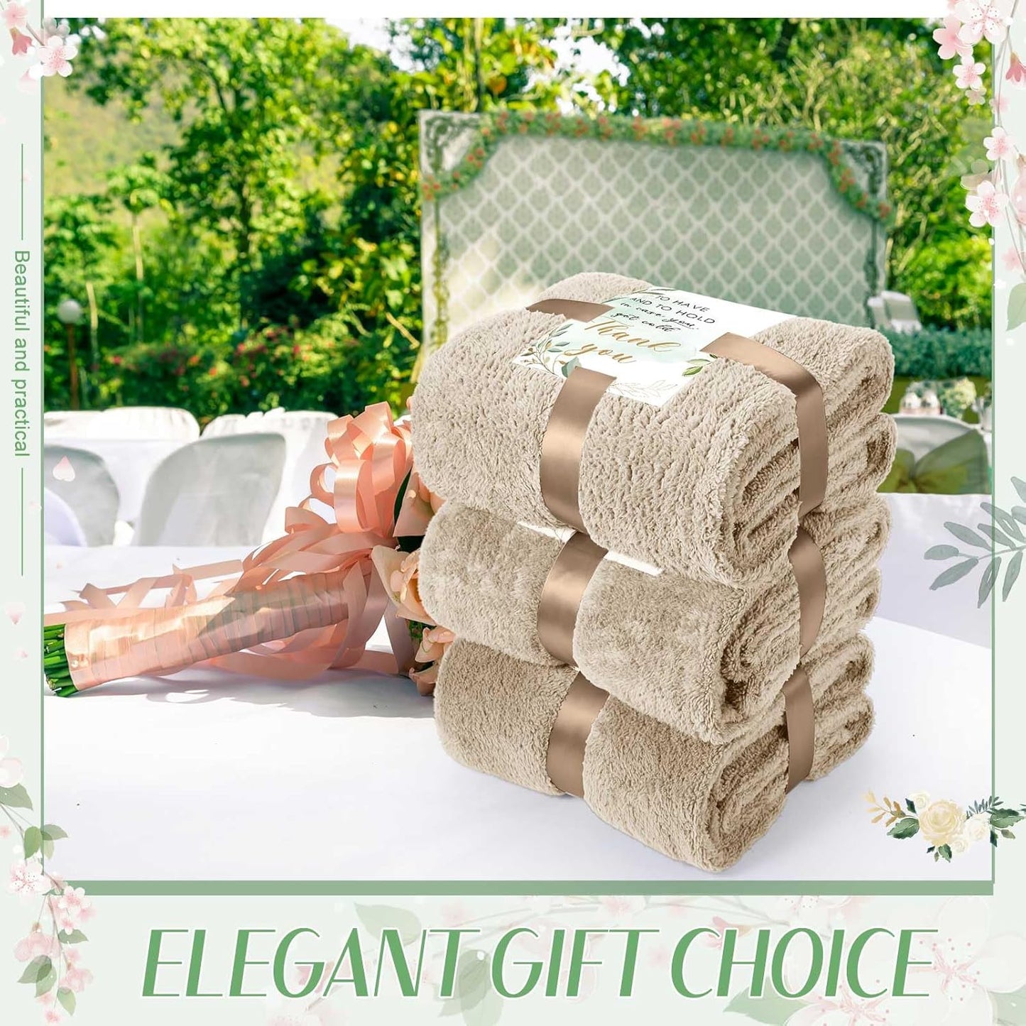 Tinideya 12Pcs 50 x 60'' Sherpa Fleece Throw Blanket Bulk with Thank You Cards and Ribbon Soft Sherpa Throw Warm Fleece Blankets for Wedding Gifts Bed Couch Sofa Season(Khaki)