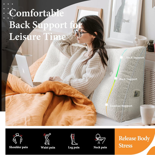Triangle Reading Pillow XXL Full Size XXL Wedge Headboard Extra Large Back Support Pillow for Sitting up in Bed Daybed Bolster Backrest Cushion Velvet Ivory
