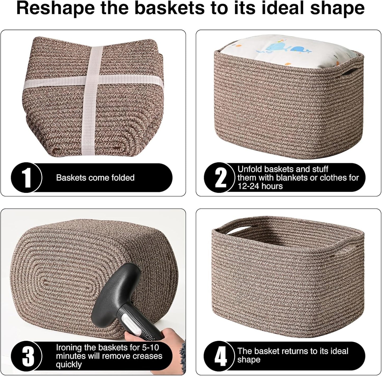 Storage Baskets for Shelves Organizing, Woven Cotton Rope Baskets for Storage, Book Basket, Decorative Shelf Basket, 12.5"Lx9.1''Wx7.9''H (4 Packs) Dark Brown