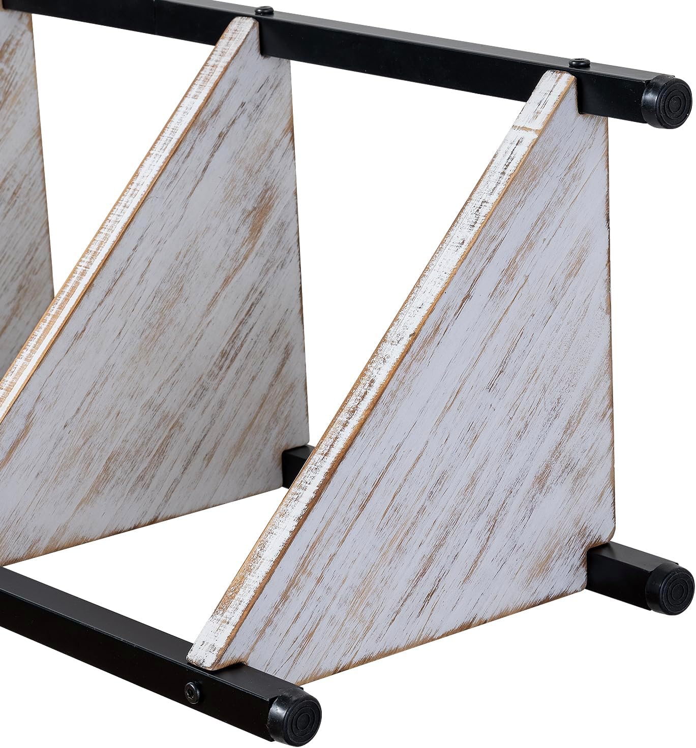 MyGift 4 Tier Corner Shelf Stand, Bathroom Floor Shelf, Decorative Storage for Entryway, Freestanding Bookshelf Display, Shabby White Washed Solid Wood and Matte Black Metal