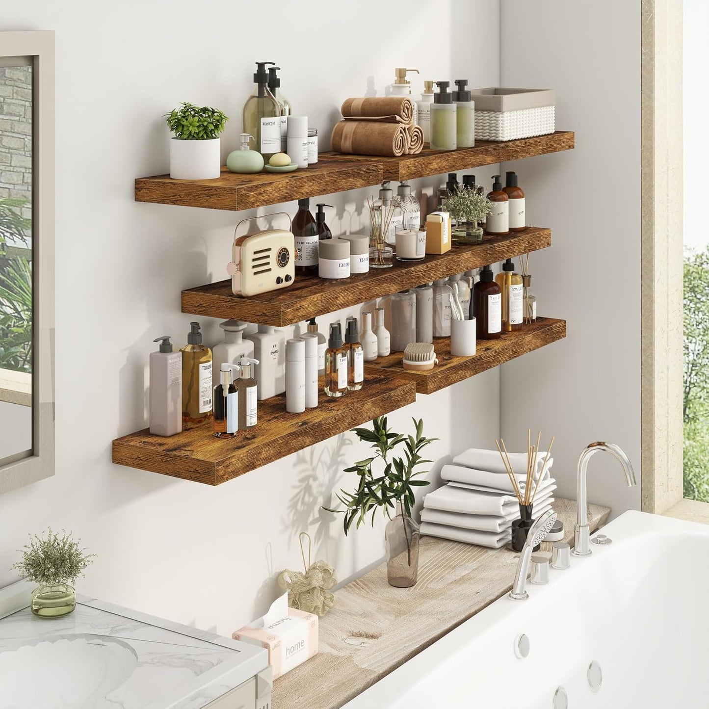 Fun Memories 36Inch Floating Shelves, 9.3Inch Deep Rustic Wall Shelves - Extra Deeper & Thicker Wall Mounted Storage Shelf for Kitchen, Farmhouse - Set of 2 - Rustic Brown