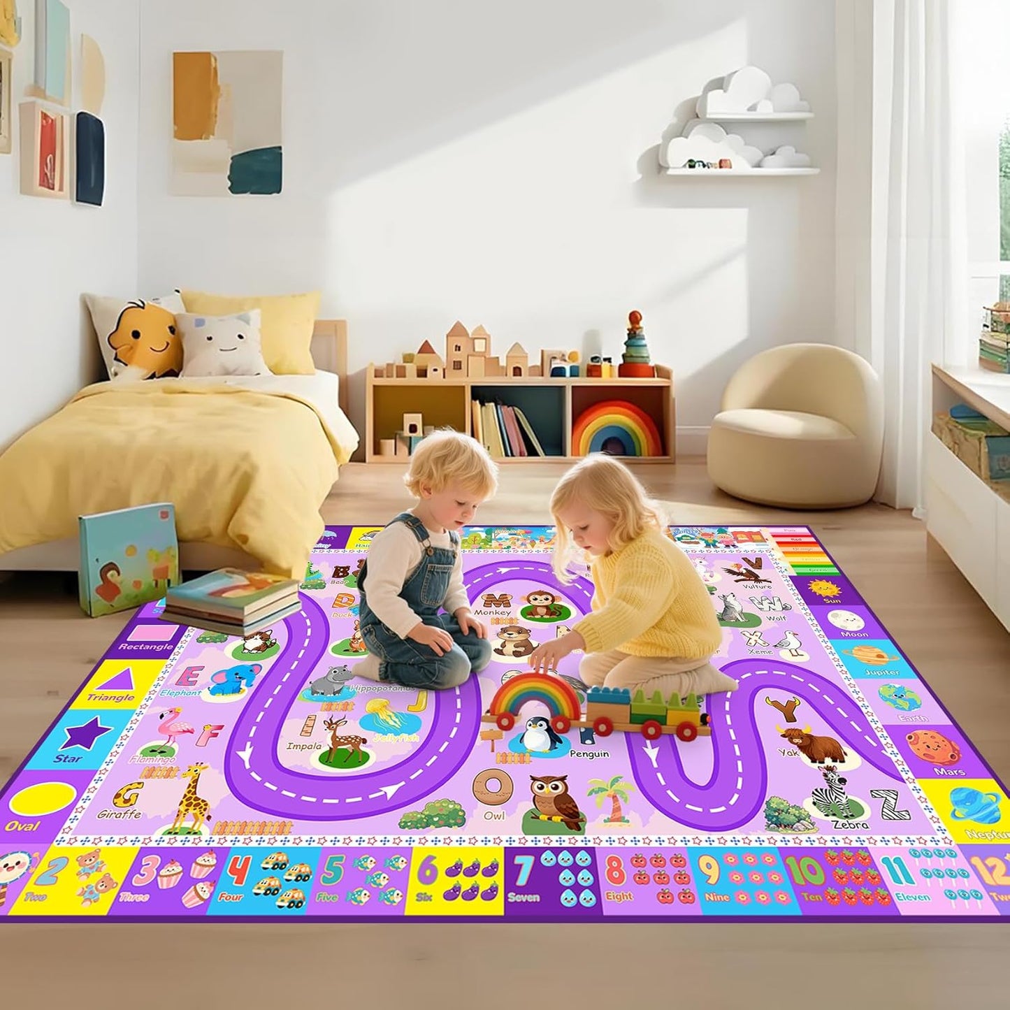 Kids Rugs for Playroom 3x5 Feet, Educational ABC Alphabet Rug with Numbers Seasons, ABC Rugs for Kids Playroom Non-Slip Play Mat for Bedroom Nursery Classroom, Purple