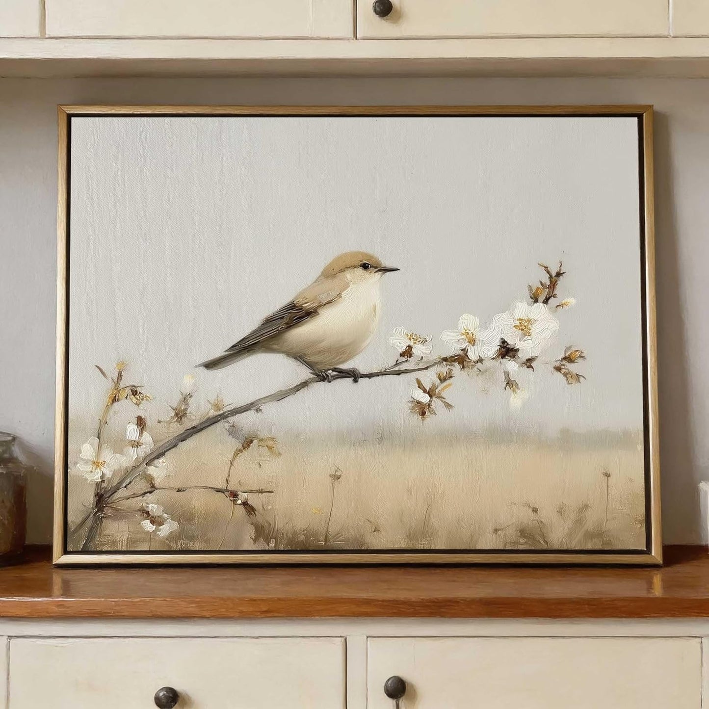 jeecalart Bird Wall Art Print, Neutral Nature Artwork, Oil Painting Style Bird on Branch, Minimalist Farmhouse Wall Decor, Unframed, 11x14 Inch