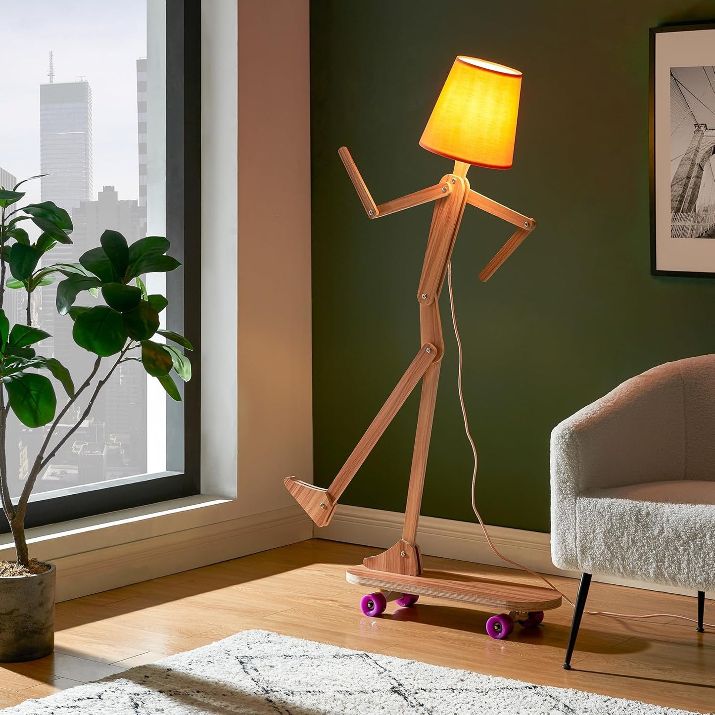 Unique Wood Floor Lamp with Skateboard Base for Living Room Bedroom Kids Bedside - Decorative Corner Reading Swing Arm Standing Light for Office Farmhouse Home - LED Bulb Included - Ash Plywood