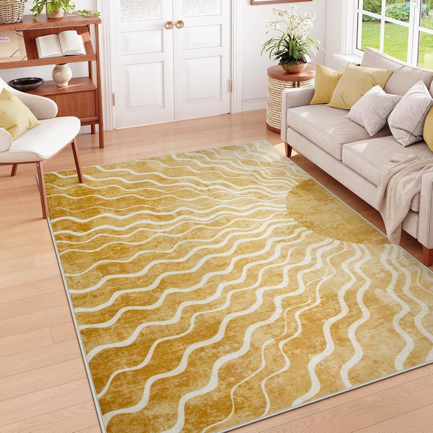 Wonnitar Sun Print Washable Area Rugs, 6x9 Rug for Kids Room Living Room, Gradient Yellow Soft Non Slip Sunshine Boho Ultra-Thin Carpet for Bedroom Classroom Playroom Nursery