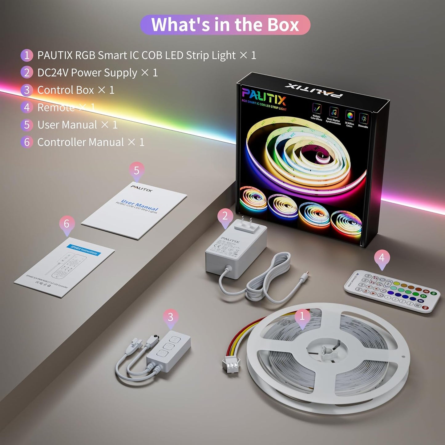 PAUTIX RGB Smart IC COB LED Strip Light,Addressable RGB COB LED Lights 16.4ft,UL-Listed 24V Color Flowing Chasing Effects Strip Lights Multicolor Flexible Color Changing Tape Light,for Bedroom,Party