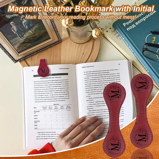 2PCS Magnetic Bookmarks, Magnetic Leather Bookmark with Initial, Double-Sided Magnetic Bookmarks for Women, Bookmark Clip Gift for Book Lover Readers Men Women Teachers Students, Book Accessories (M)