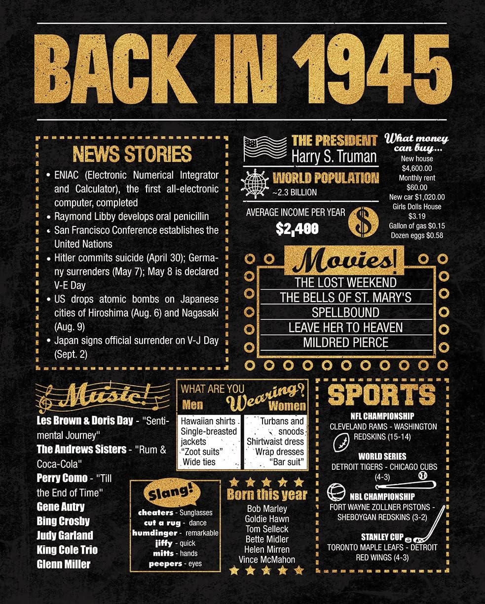 8x10 1945 Birthday Gift // Back in 1945 Newspaper Poster // 80th Birthday Gift // 80th Party Decoration // 80th Birthday Sign // Born in 1945 Print (Gold, 1945)