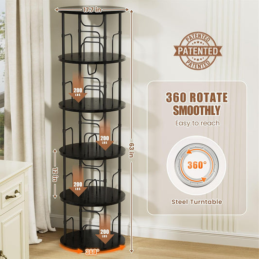 Flycity 5 Tier Rotating Bookshelf, 360° Corner Bookshelf Tower, Round Revolving Bookcase with Special Visible Partition Storage, Narrow Book Shelf Organizer for Living Room, Small Space, Black