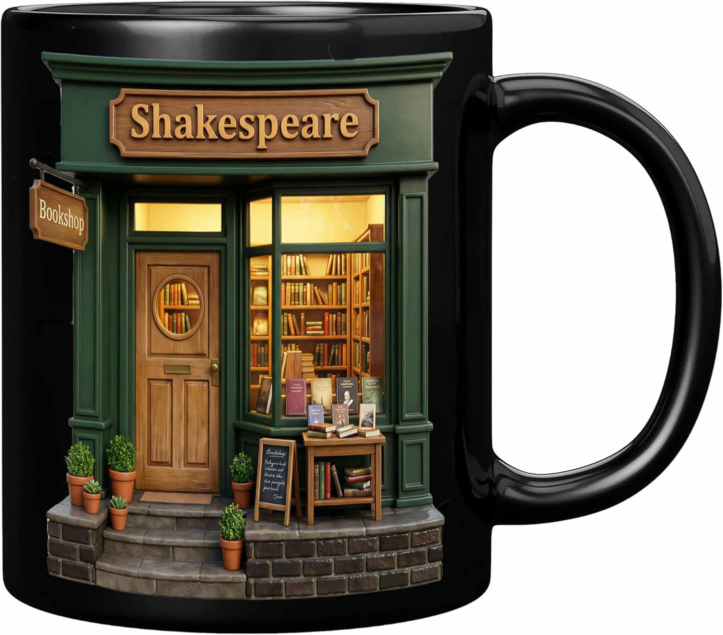 11 Oz Black Ceramic Mug With Shakespeare Bookshop Design, Microwave Safe Coffee Cup For Readers And Literature Lovers