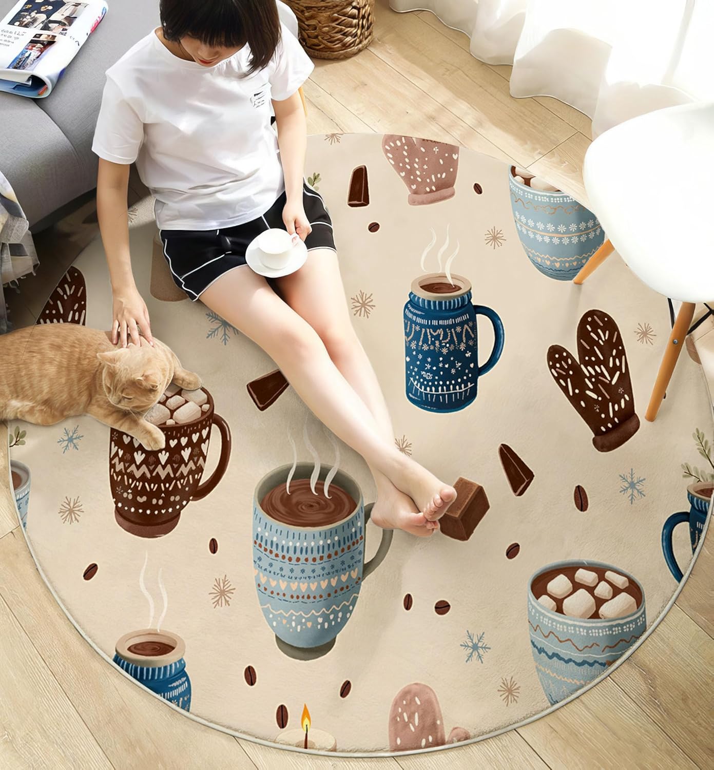 Washable Winter Hot Cocoa Snowflakes Area Rug, 4Ft Round Rugs for Living Room Soft Carpet for Bedroom Cartoon Illustration Indoor Stain Resistant Non-Shedding Floor Carpet, Beige, 4Ft-Round
