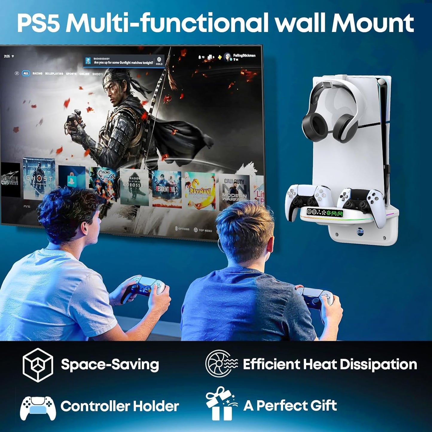 P S5 Wall Mount Kit with Cooling Fan and Charging Station Compatible with PS5/ Slim/ Pro Disc and Digital, PS Five Floating Shelf with 9 RGB Lights, P S5 Mount Behind TV, PS5 Accessories for Gaming