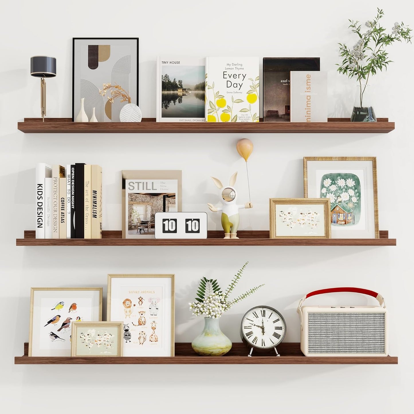 Axeman 48 Inch Floating Shelves | Walnut Picture Ledge Shelf Set of 3 | Rustic Wood Wall Shelves with Lip | 48" Walnut Picture Shelf for Wall with Ledge | Photo Shelves