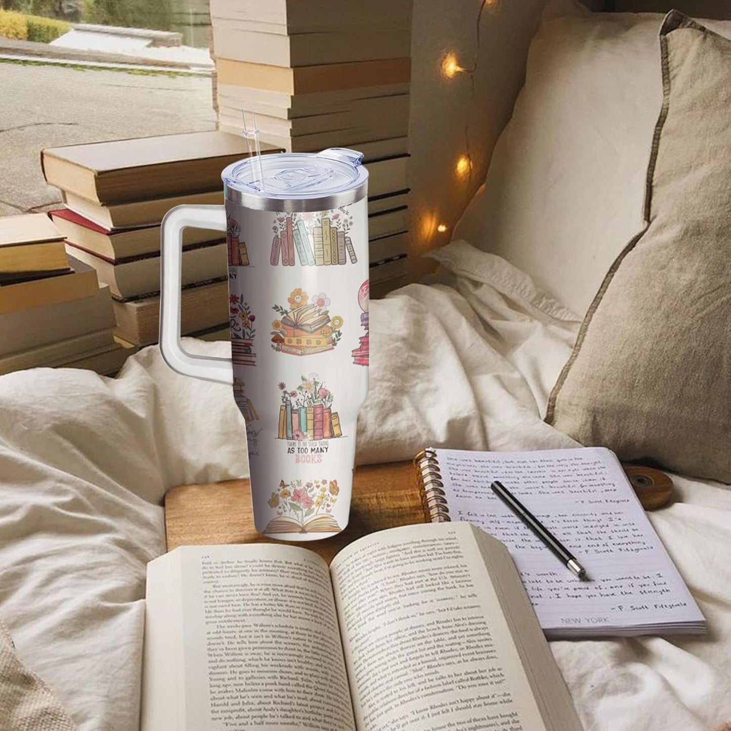 40oz Book Lovers Gifts Reading Tumbler with Lid and Straw for Women, Stainless Steel Insulated Cup, Coffee Mug Water Bottle for Bookworm Readers Librarian Bookish