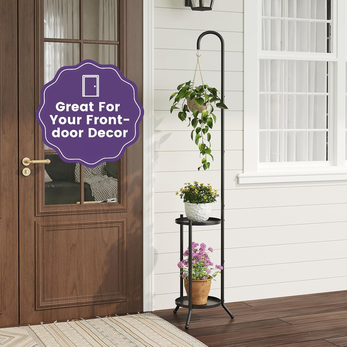 2-Tier Metal Plant Stand with Hanging Hook, Indoor Outdoor Plant Shelf,Heavy Duty Plant holder Rustproof Iron Multiple Plant Round Supports Rack for Planter Corner Garden Balcony Patio (Black)