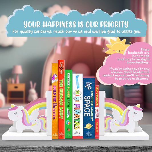 Decorably Unicorn Kids Book Ends for Kids Books - 1 Set Non-Skid Wooden Decorative for Girls Room, Baby's Nursery, Classroom Decor