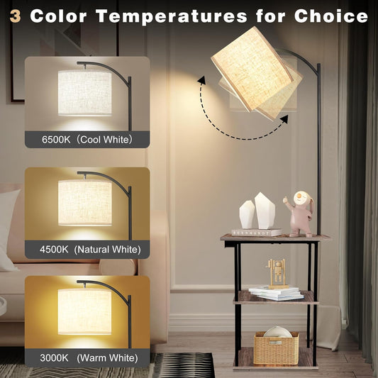 PESRAE Floor Lamp with Table,Lamps for Nightstand with Charging Station(USB & Type-C & AC Port), 3 Color Temperatures 9W LED Bulb, Modern Shelves Side Table for Bedroom, Office