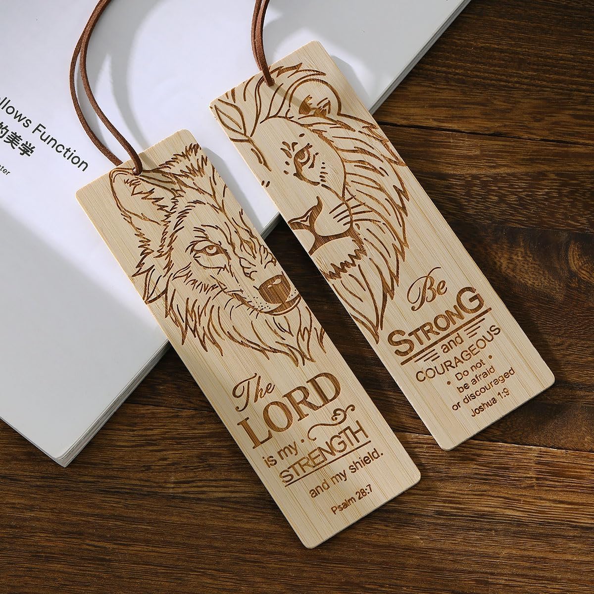 2 Pcs Bible Bookmark Bamboo Bookmarks for Men, Inspirational Christian Religious Gifts for Men Book Marks for Reading Men (Wolf and Lion)