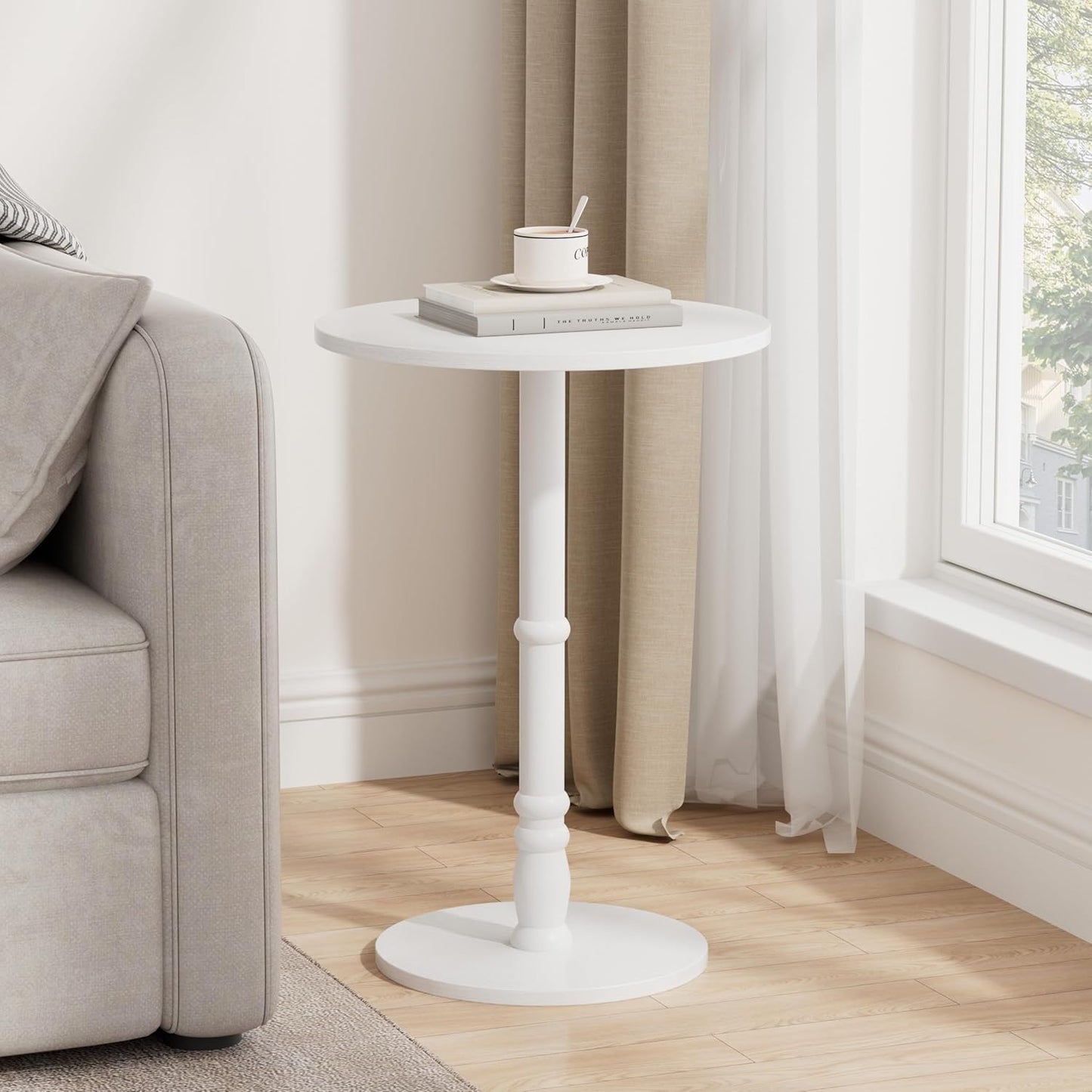 16" Round Side Tables Set of 2, Solid Wood Pillar with Wood Top & Base, Small Drink Accent Table for Living Room, Bedroom, Sofa & Office, Easy Assembly, White