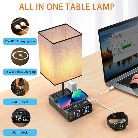 Bedside Lamp with USB Ports & AC Outlets, 15W Wireless Charger Table Lamp with Clock, 3 Way Dimmable Nightstand Lamps for Bedroom Living Room,Touch Lamp with Charging Station,Grey Shade & Black Base
