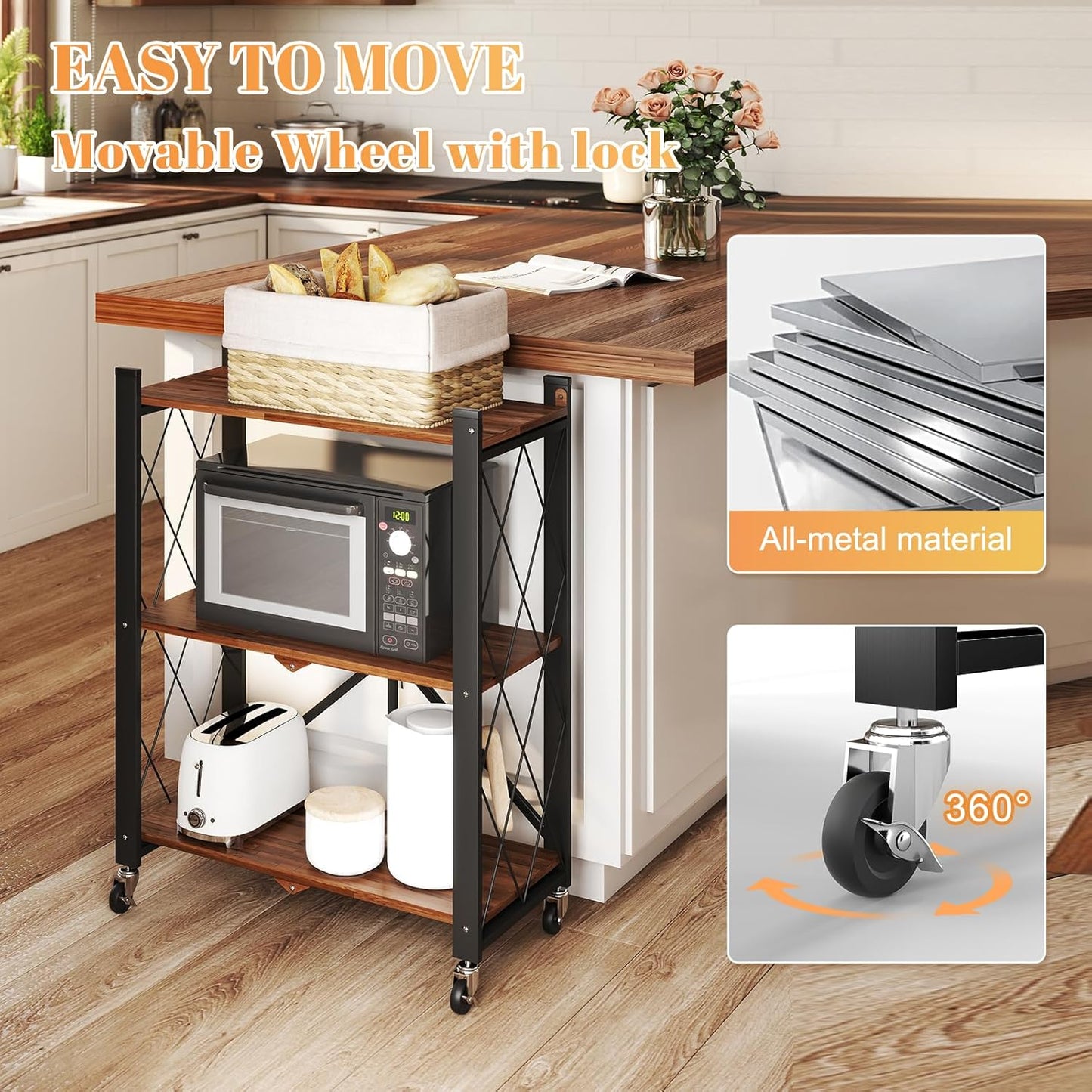 BAOYOUNI 3-Tier Vintage Industrial Bookshelf - No Assembly Folding Storage Shelf with Woodgrain Finish | Collapsible Metal Bookcase for Living Room, Office & Bedroom