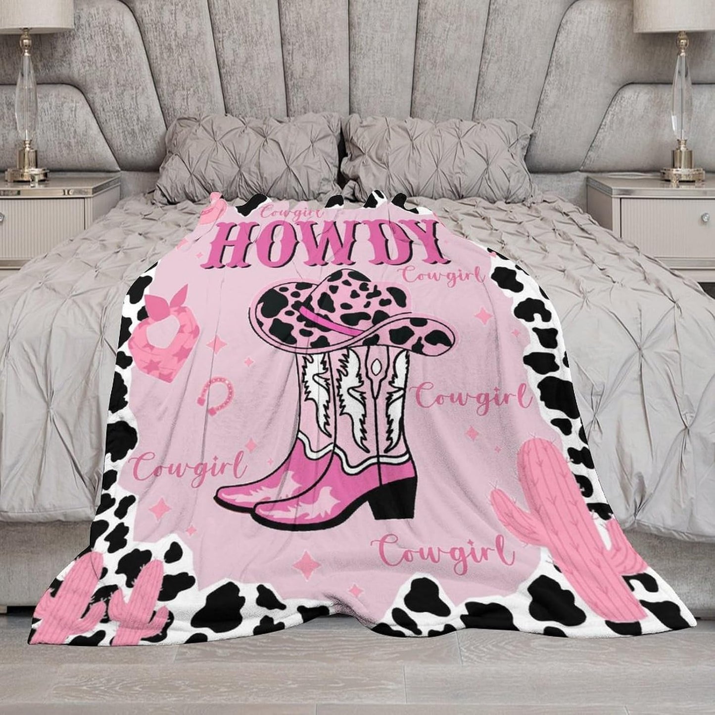 Western Cowgirl Blanket Pink Cowboy Hat Boots Cactus Black White Cow Printed Soft Cozy Lightweight Throw Blanket for Kids Girls Women Bedroom Living Room Dorm Chair Sofa Travel 40x50in