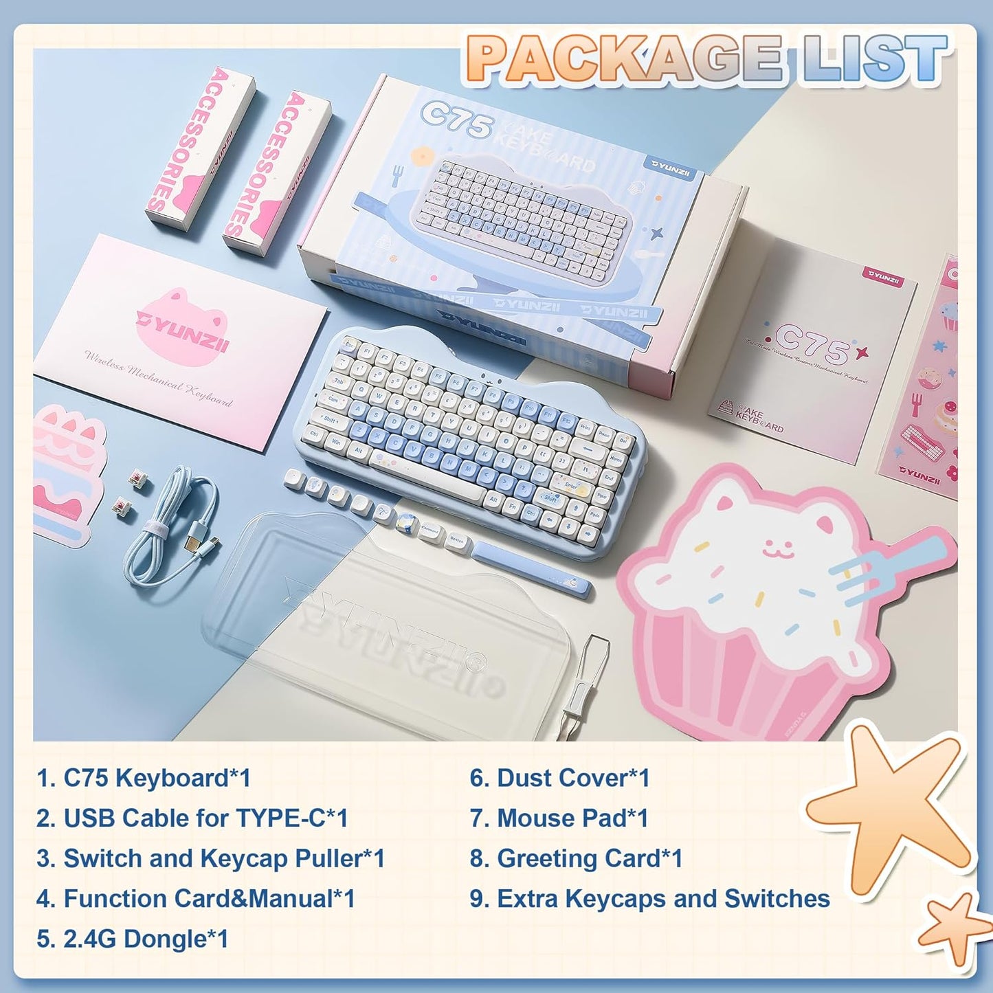 YUNZII C75 Wireless Mechanical Keyboard,75% Layout, Hot-Swappable NKRO,BT5.0/2.4G/USB-C Mode,Dye-Sub PBT MOA Keycaps,RGB Gasket Mount,Cute Cake Design for Mac/Win/Gaming (Blue, Candy Switch)