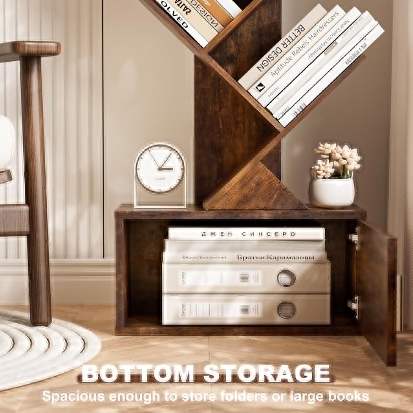 Tree Bookshelf with Light, 6 Tier Narrow Bookcase with Storage Cabinet, Tall Corner Book Shelf for Small Spaces, Vertical Floor Standing Organizer for Bedroom Living Room Home Office, Rustic Brown