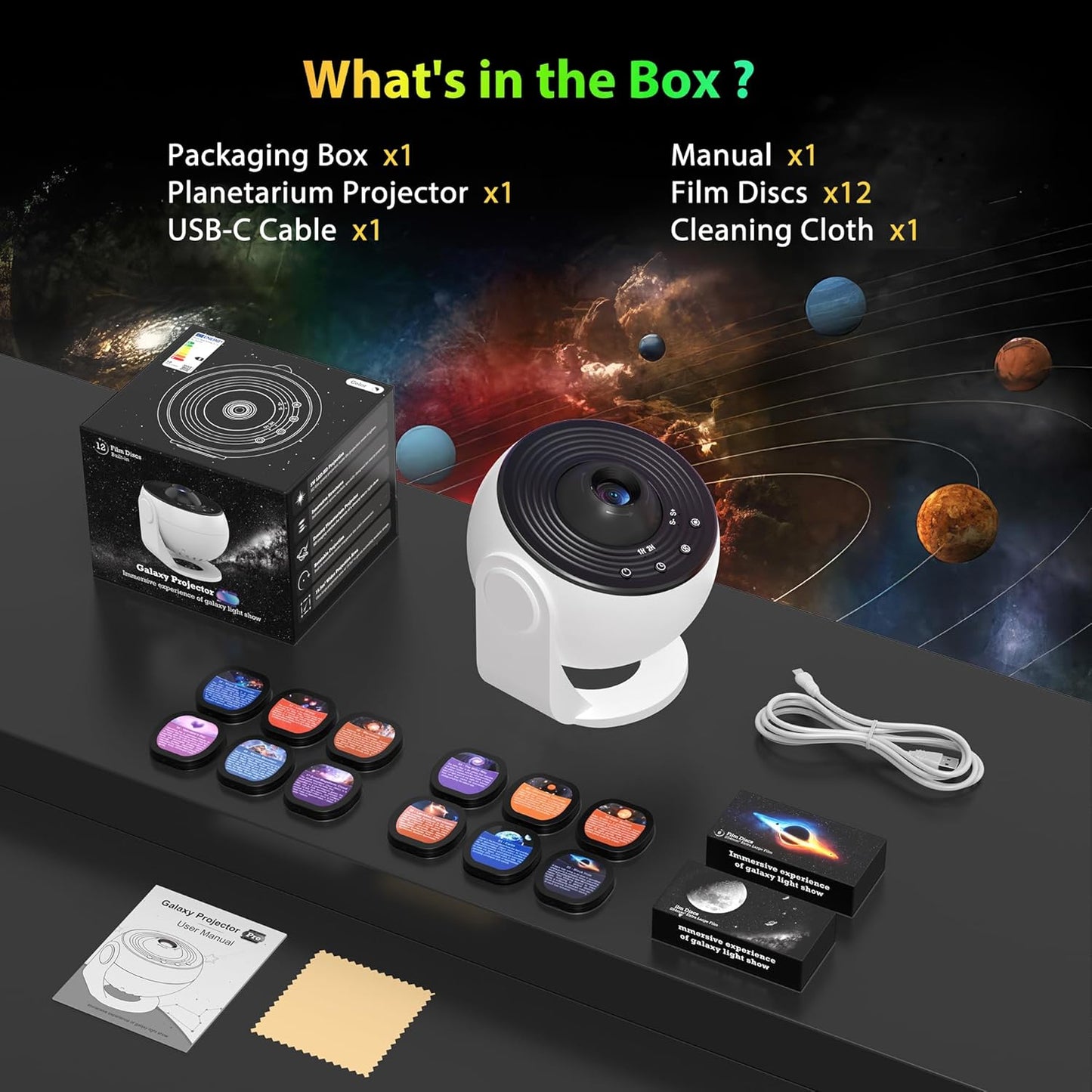 Galaxy Projector for Bedroom Pro Version, Upgraded Film Disc Star Projector for Kid 12 in 1 Planetarium Projector HD Image Adjustable Knob 360° Rotating 1/2h Timer Simple 4-Button Control