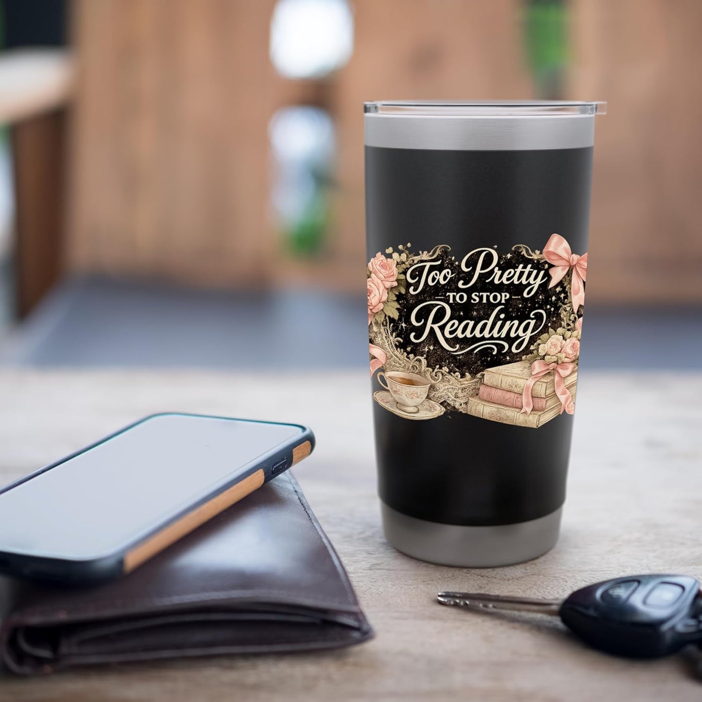 Too Pretty to Stop Reading Vintage Coquette Book Lover Bow Stainless Steel Insulated Tumbler