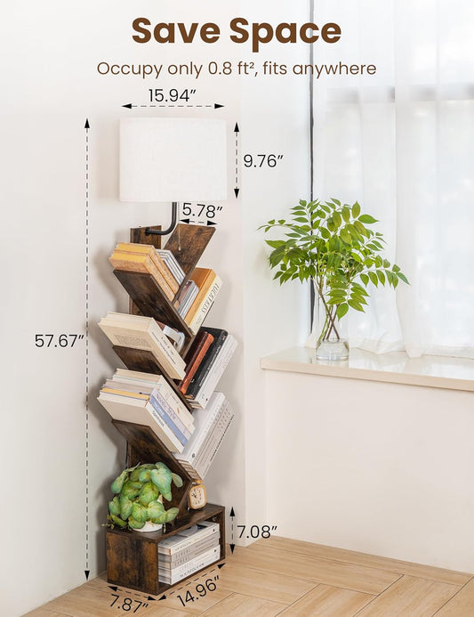 6 Tier Tree Bookshelf with Light, Corner Tall Narrow Bookshelf, Small Bookcase with Storage Cabinet,Floor Standing Bookshelves Organizer for Bedroom/Living Room/Home Office, Rustic Brown