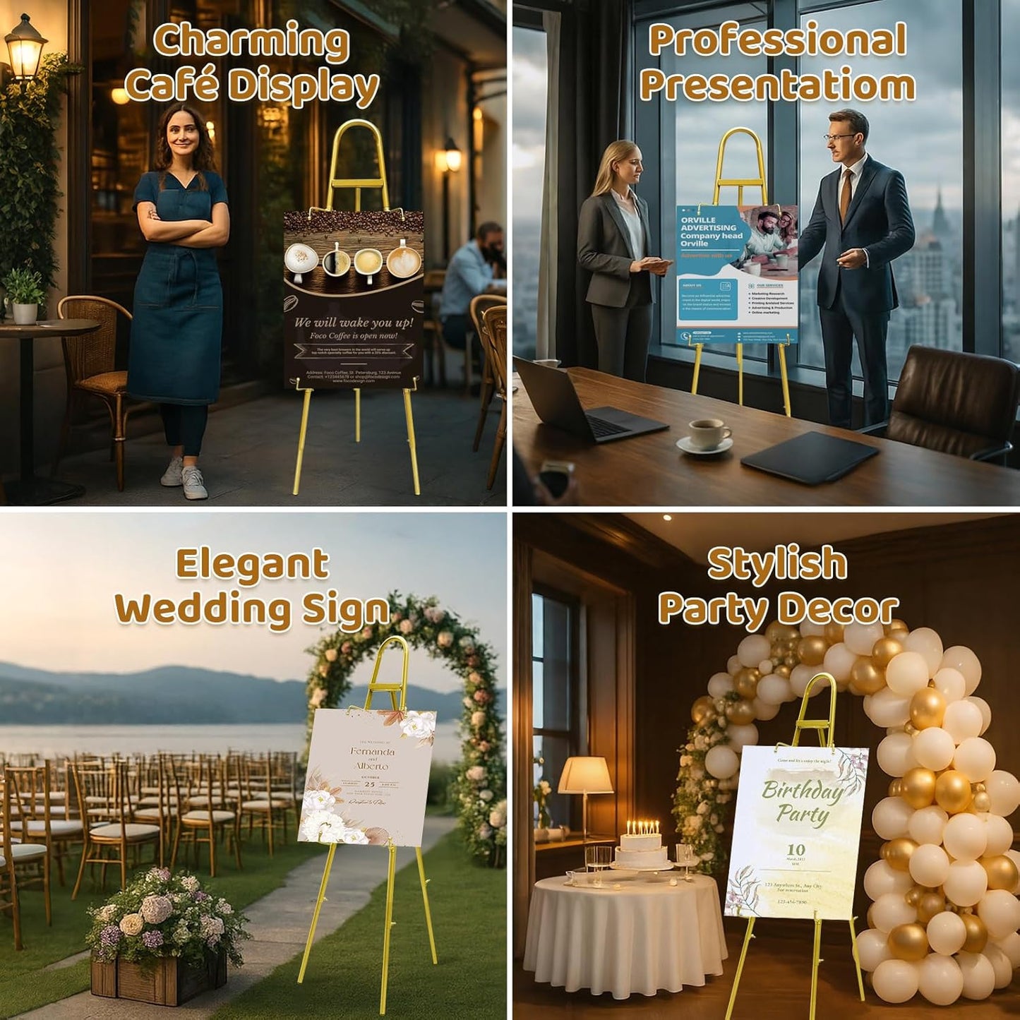 57"–42" Height Adjustable Gold Easel Stand for Signs, 4 Display Modes, Stable at Any Position with 4 Hooks – Perfect Welcome Sign Stand, Heavy Duty Easel Stand for Wedding Sign,Parties, Art & Events