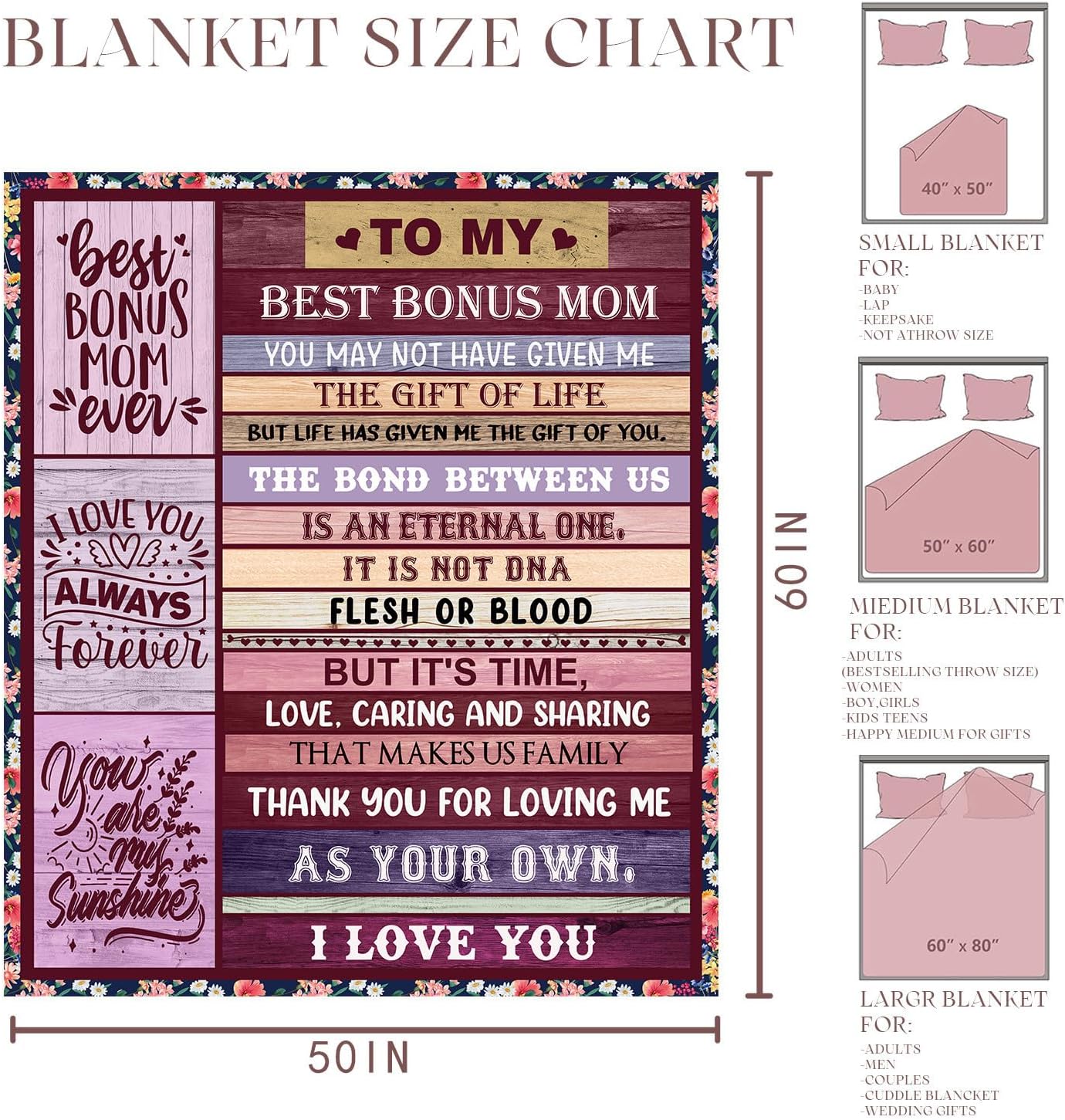 Gifts for Bonus Mom from Daughter, Bonus Mom Birthday Gifts from Son, Mothers Day Christmas Bday Presents for Mother in Law Throw Blanket 60" X 80"