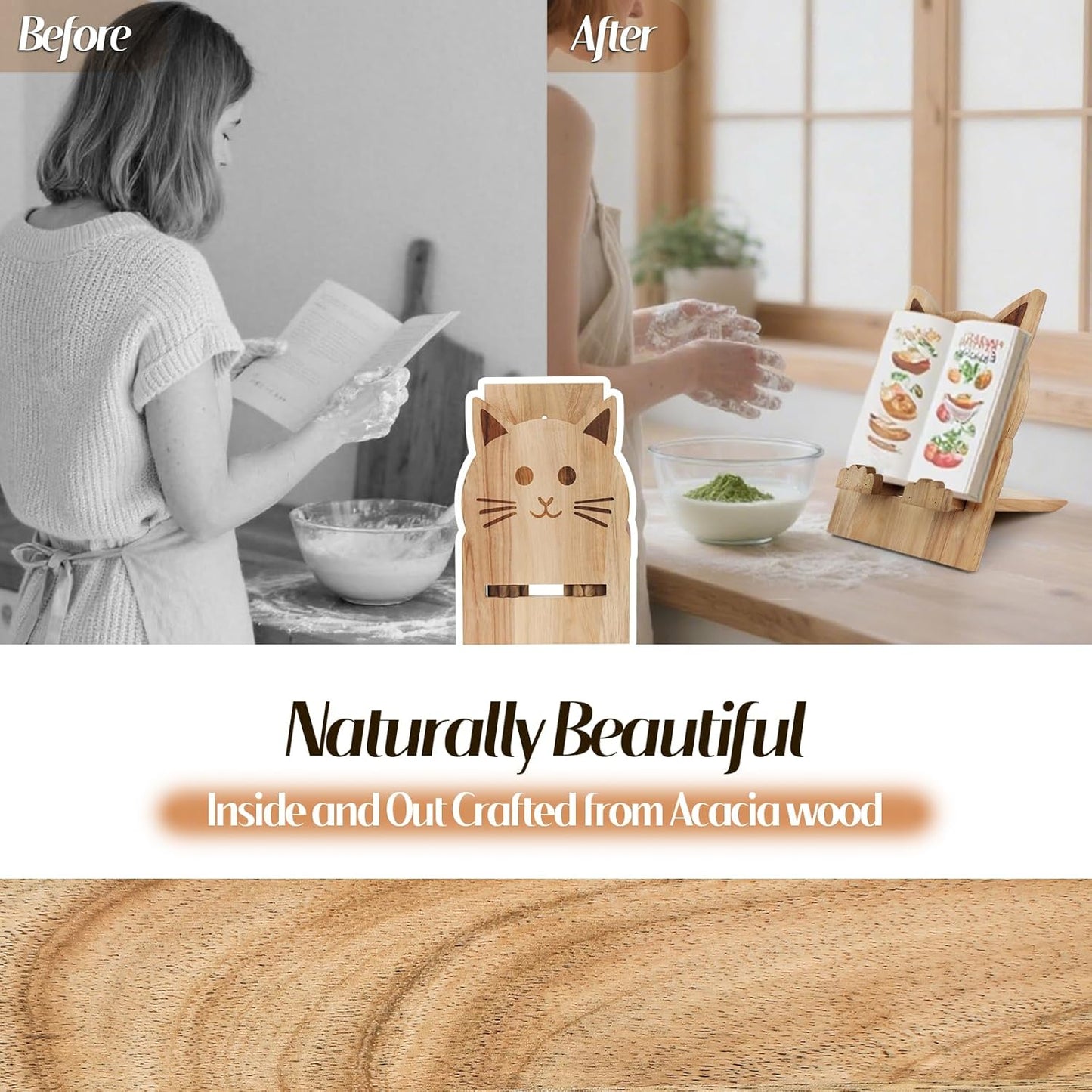 Cat Shaped Wooden Cookbook Stand - Adjustable, Hands-Free Recipe Holder for Kitchen with iPad & Music Rest