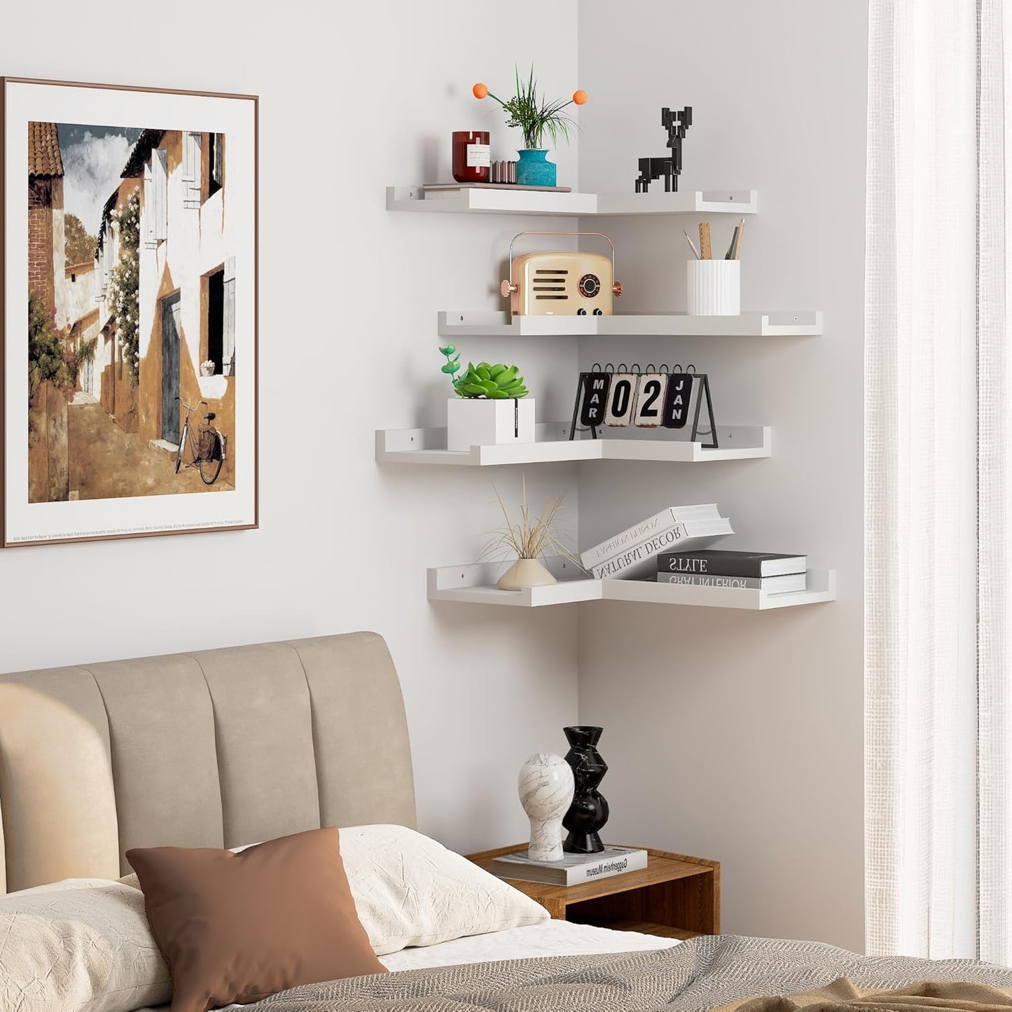 4 Tier Corner Wall Shelf, Floating Shelves with Lip, White Modern Corner Shelves Wall Mounted, Solid Pine Wood L Shaped Shelf for Living Room, Bedroom, Bathroom, Home Storage