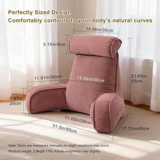 Corduroy Reading Pillow with Arms & Detachable Neck Roll, Bed Rest Back Support, Adult Cushion for Sitting Sofa & Floor, Side Pockets & Washable Cover, Brick Brown