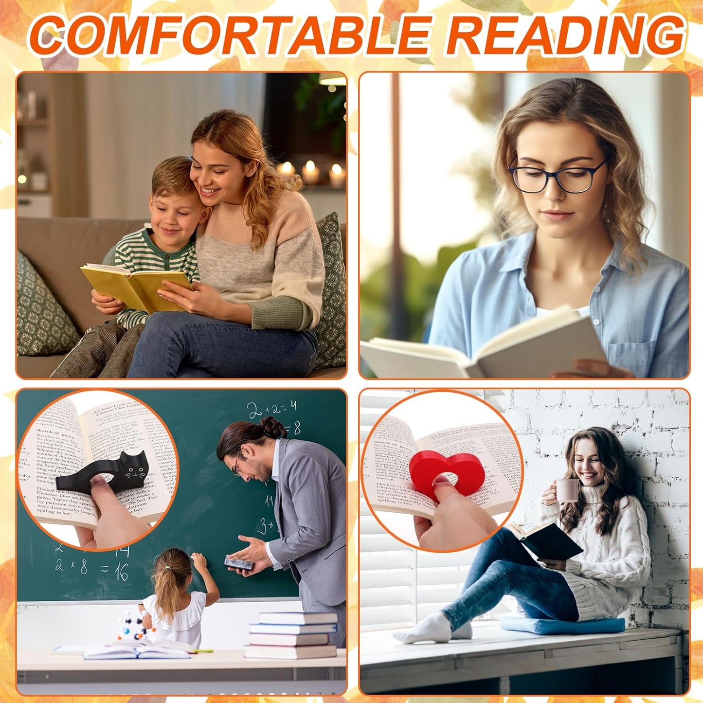 3D Printed Book Page Holder Set with Magnetic Bookmarks, Reading Aid, Relieve Hand Strain Black Cat White Dog Red Heart Design for Book Lovers Readers