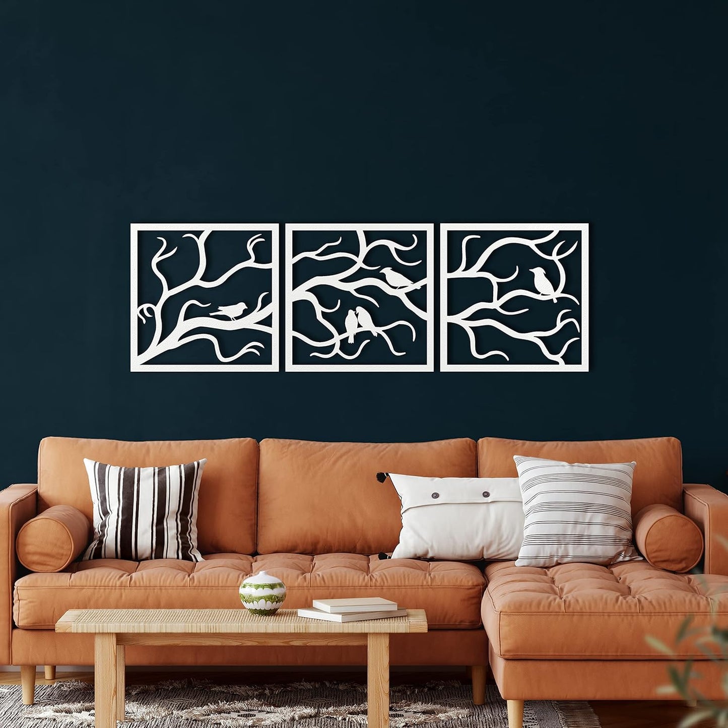 Metal Wall Decor, Framed Branch 3 Parts , Home Living Room Decor, Wall Sign, Metal Wall Art, Interior Decoration, Indoor Outdoor Hangings, White (225x75cm)