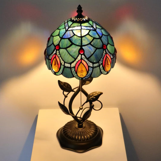 Small Tiffany Lamp Sea Blue Peacock Tail Style Stained Glass Table Lamps Desk Bedside Reading Light 8X8X18 Inches with Bronze Metal Leaf Resin Base