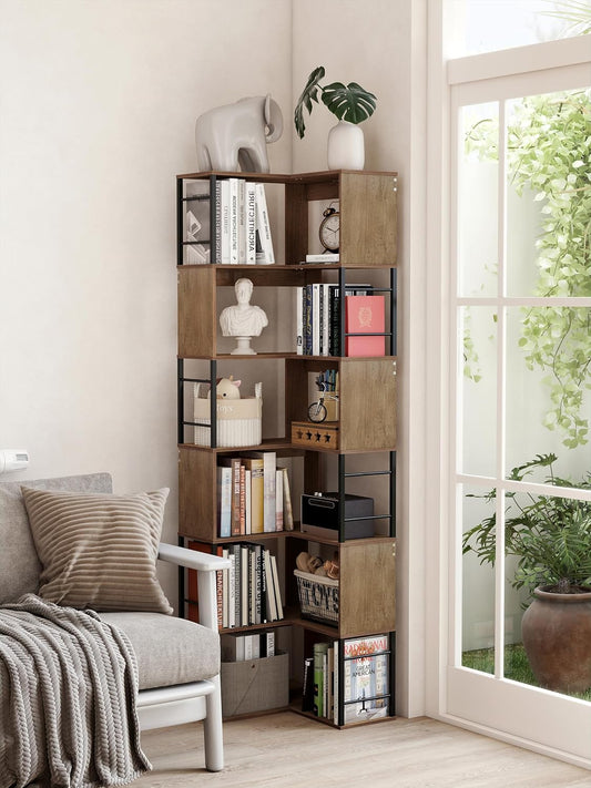 7 Tier L Shaped Corner Bookshelf, 74" Tall Metal Wood Bookcase with Anti-Tipping, Freestanding Display Storage Shelf, 77Lbs Per Shelf for Home Office Living Room Bedroom (Brown)