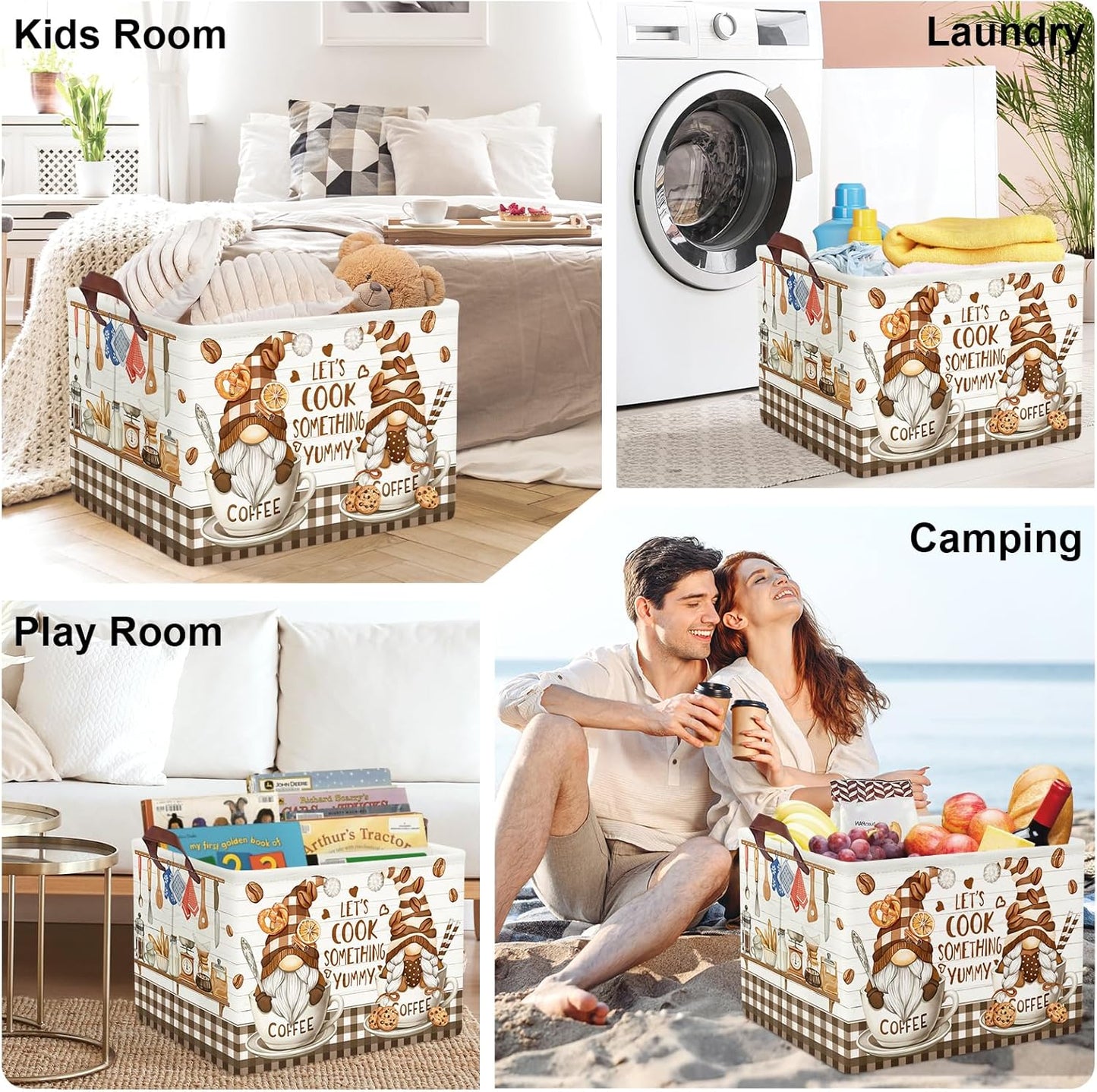 Kitchen Decor Tools Kid Storage Basket Collapsible Clothes Baby Nursery Hamper Large Book Shelf Basket Boy Girl Toy Box Bin, Gnome Coffee, 36L