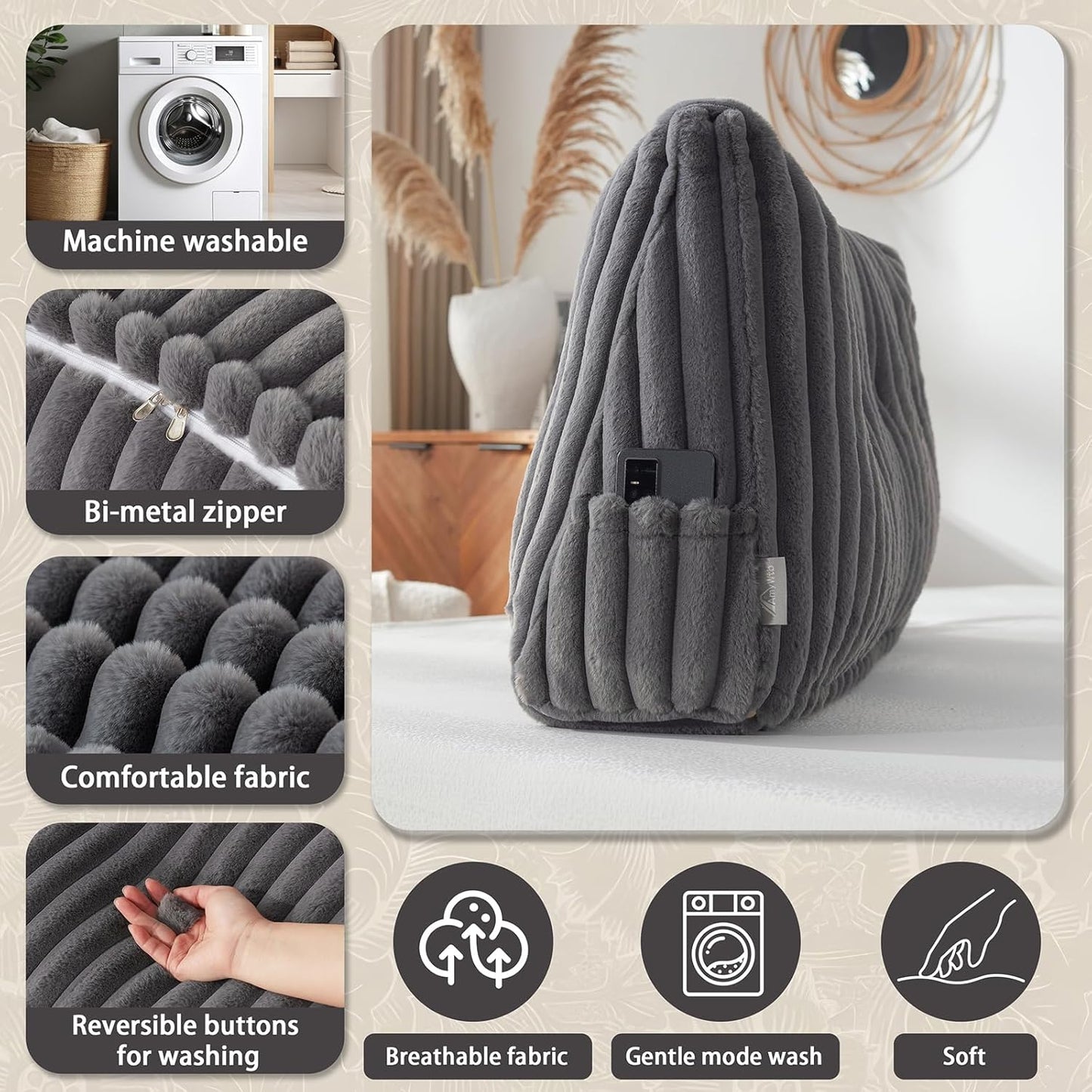 Headboard Pillow + A Long Neck Roll Pillow Body Pillow,Faux Fur Headboard Wedge Pillow with Removable Cover (Gray, Queen:59x8x20 inches)