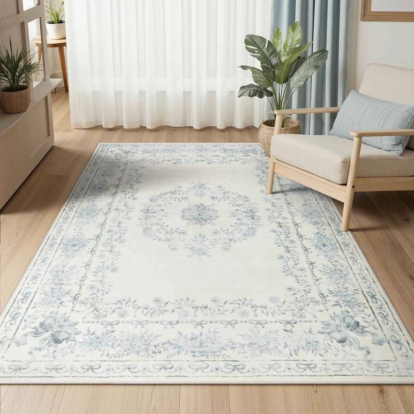 Wonnitar Bow Floral 5x7 Washable Rug, Blue Area Rug for Kids Room, Ultra-Thin Non Slip Soft Neutral Aesthetic Decor Carpet for Living Room Farmhouse Dining Room Office Playroom