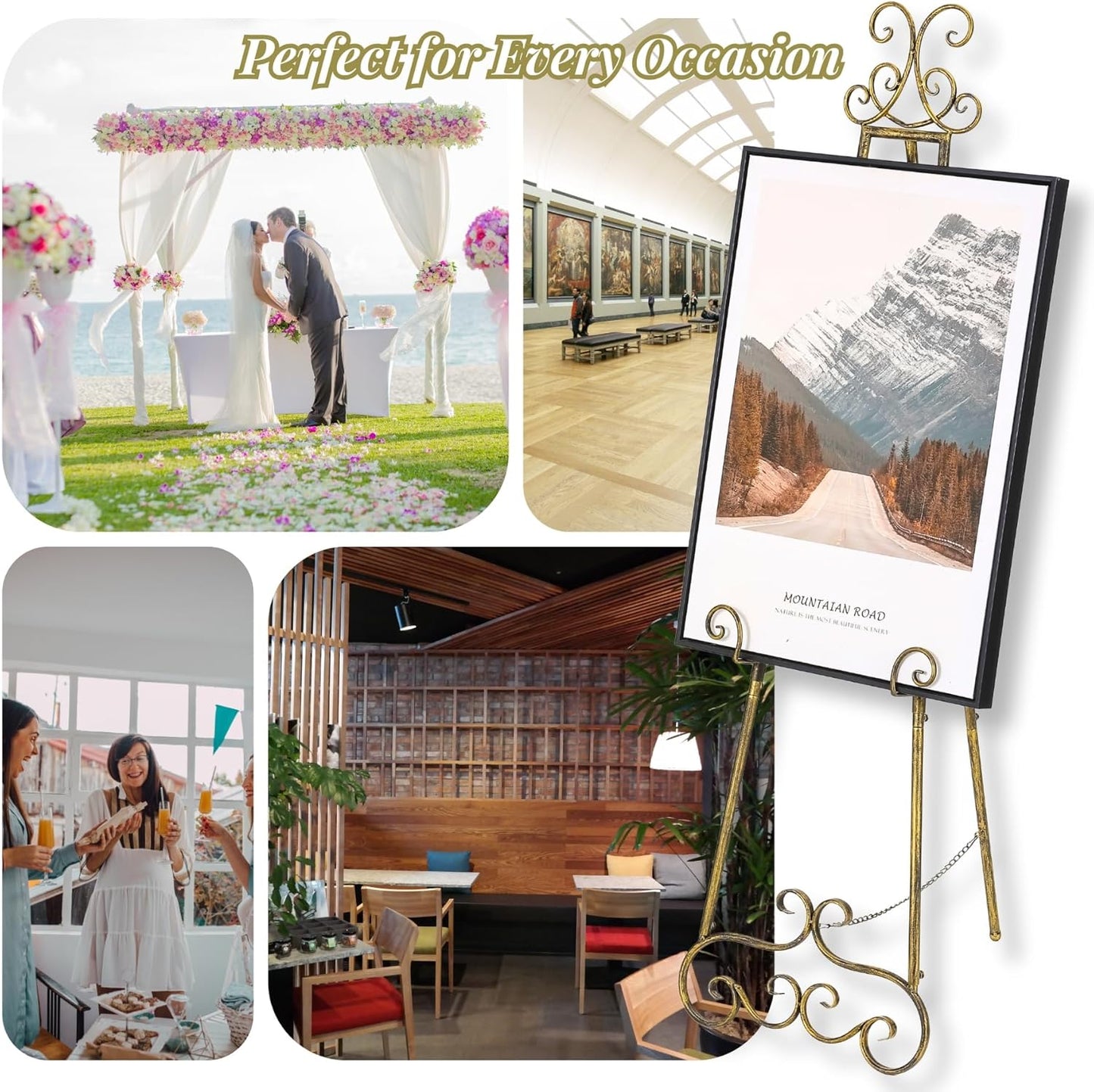 57”H Metal Easel Stand for Sign Rustic, Upgrade Large Free Standing Adjustable Display Scroll Easel Stand, Heavy Duty for Mirror Pictures Wedding Holder Showcasing with Chain Support
