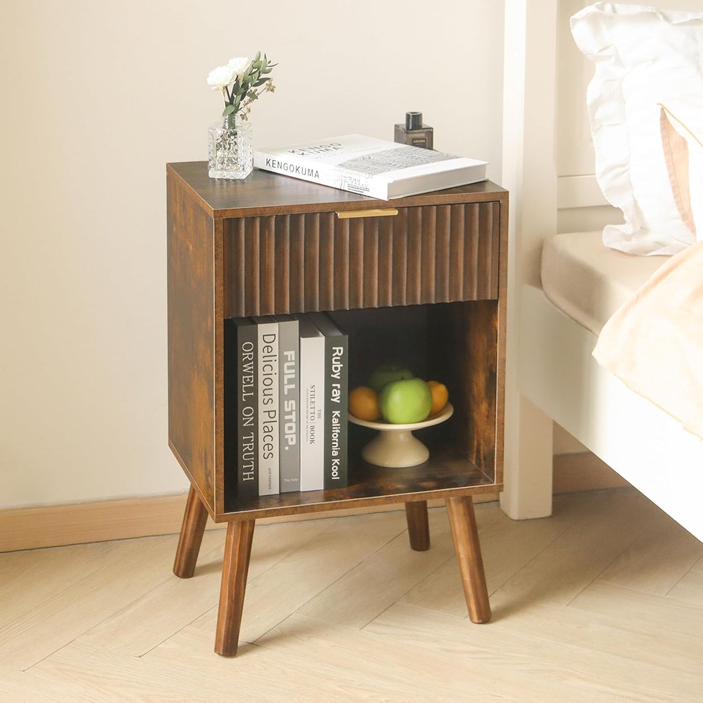 Mid Century Modern Nightstand, Wood Bedside Table with Drawer and Opening Storage, End Table Living Room Fluted Night Stand with Solid Wood Legs for Bedroom (Rustic Brown)